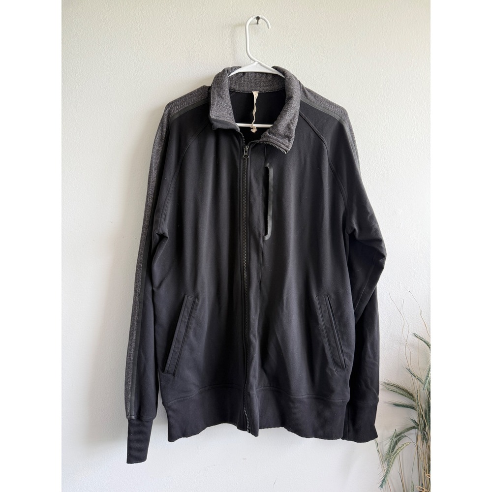 Lululemon Athletica Mens XL Full Zip Track Jacket Black Grey Herringbone Trim